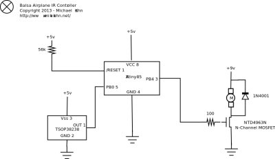 Balsa wood plane with motor and IR controller schematic