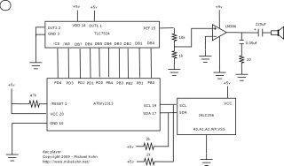 ATtin2313, 24LC256, and TI TLC7524 audio schematic